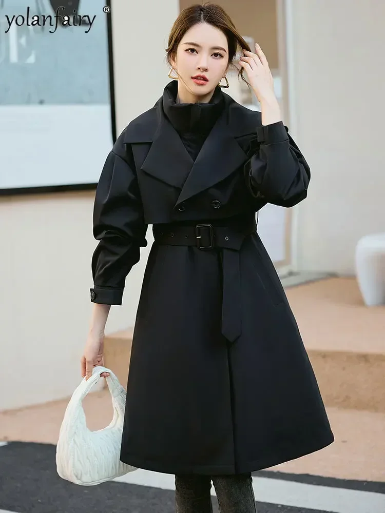 YOLANFAIRY Damski Płaszcz Futrzany Damski Prawdziwe Futro Królik Rex Parki Damska Wiatrówka Średniej Długości Odzież Robocza Talia Płaszcz Zimowy FCY39