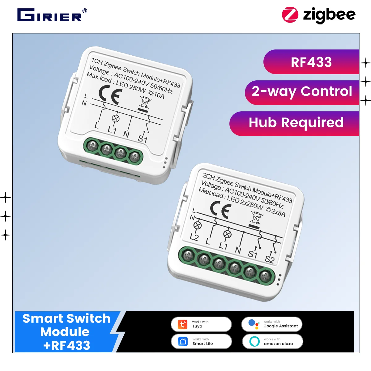 GIRIER Tuya ZigBee Switch Module Smart RF433 DIY Breaker Relay Neutral Wire Required Support 2-way Control Work Alexa Hey Google