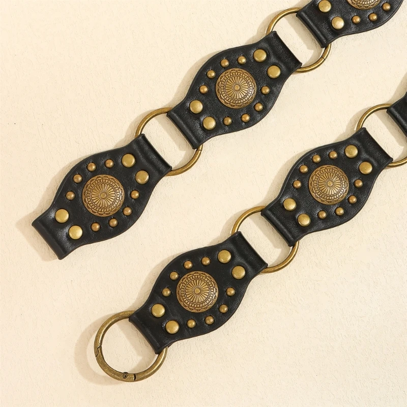 Vintage Rivet Studded Belt for Women Fashion Oval Disc PU Leather Belt Waistband for Pants Jeans Cowgirls Waist Ornament