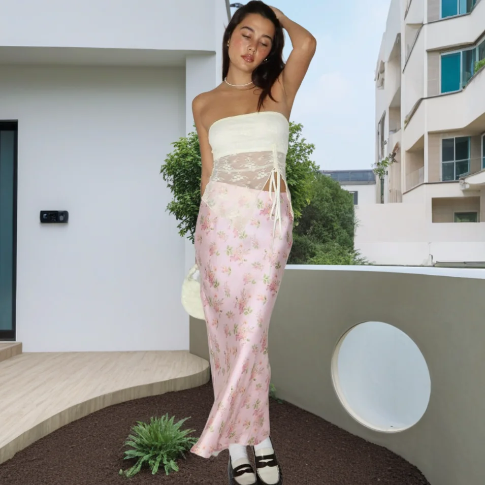 2026 New Satin Printed Rear Slit High-end Drape Midi Skirt for Women