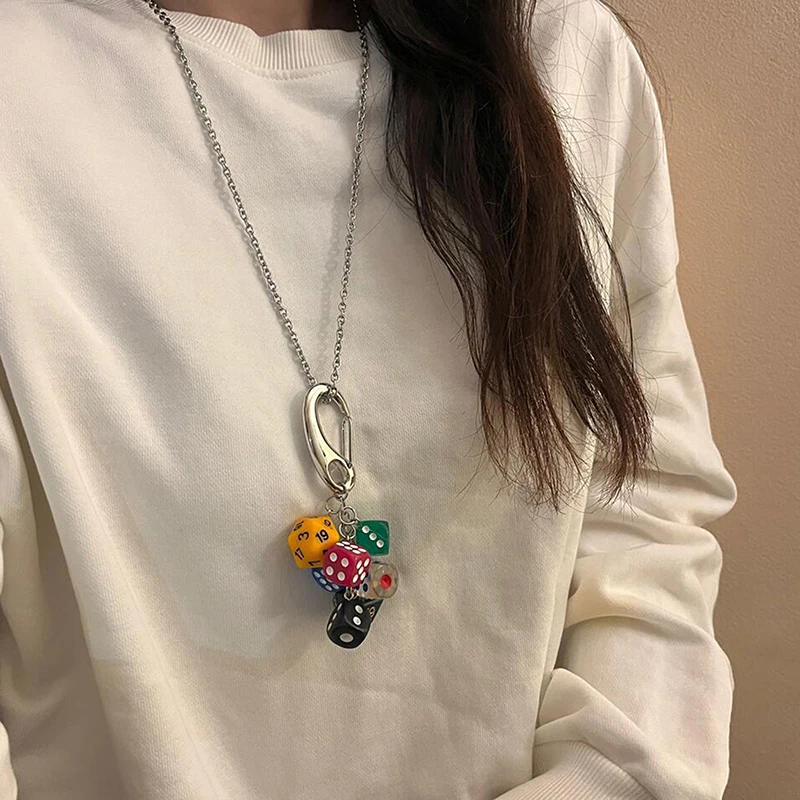 Detachable Colorful Dice Skewers Keychain Necklace For Women Girls High-end Personalized Long Sweater Chain Accessories Gifts