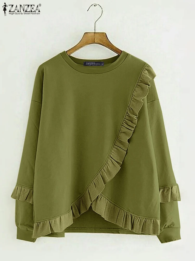 ZANZEA Women O-Neck Simple Sweatshirts 2024 Long Sleeve Loose Knitted Hoodies Casual Loose Ruffled Edge Pullovers Femme Jumpers