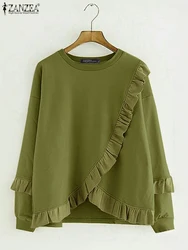 ZANZEA Women O-Neck Simple Sweatshirts 2024 Long Sleeve Loose Knitted Hoodies Casual Loose Ruffled Edge Pullovers Femme Jumpers