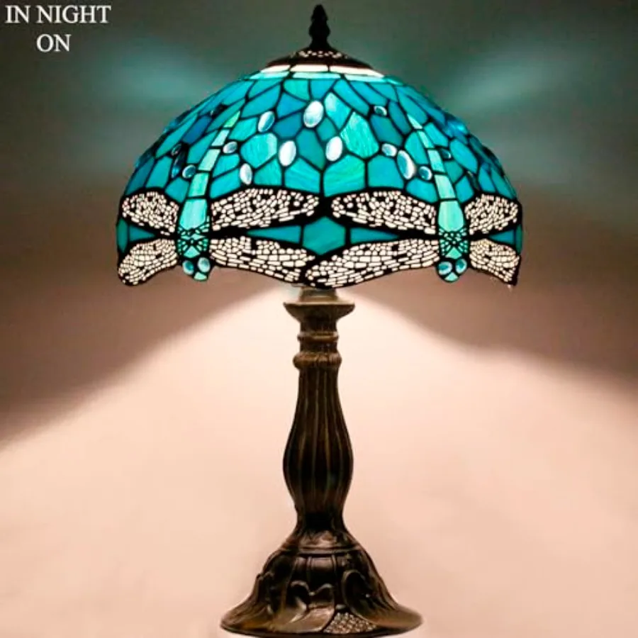 الأخضر والأزرق الزجاج الملون اليعسوب نمط الجدول مصباح لغرفة النوم غرفة المعيشة ديكور المنزل مكتب 12X12X18 بوصة مكتب مثالي إعادة #2