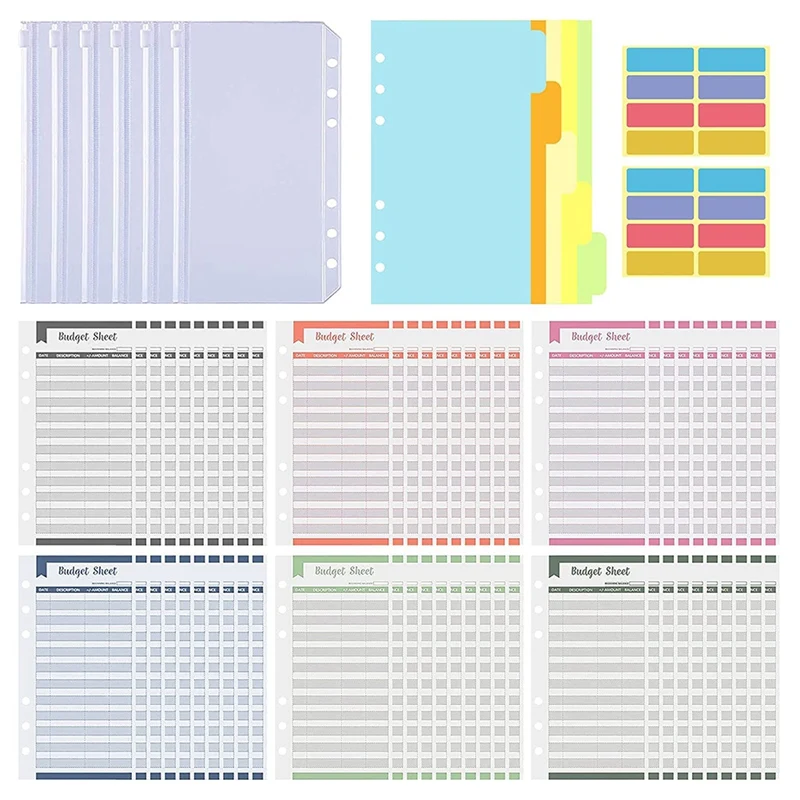 Expense Tracker Budget Sheets 60 Pcs With A6 6Pcs Binder Pocket & 5Pcs Dividers & 2 Sheet Color Sticker Labels For Home