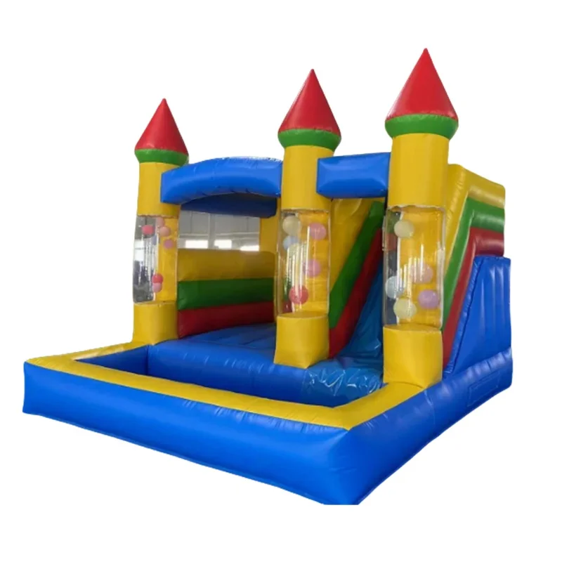Pastel Color Inflatable Play Castle With Slide & Clear Ball Tubes Heavy Duty PVC Inflatable Bounce House for Event Rental