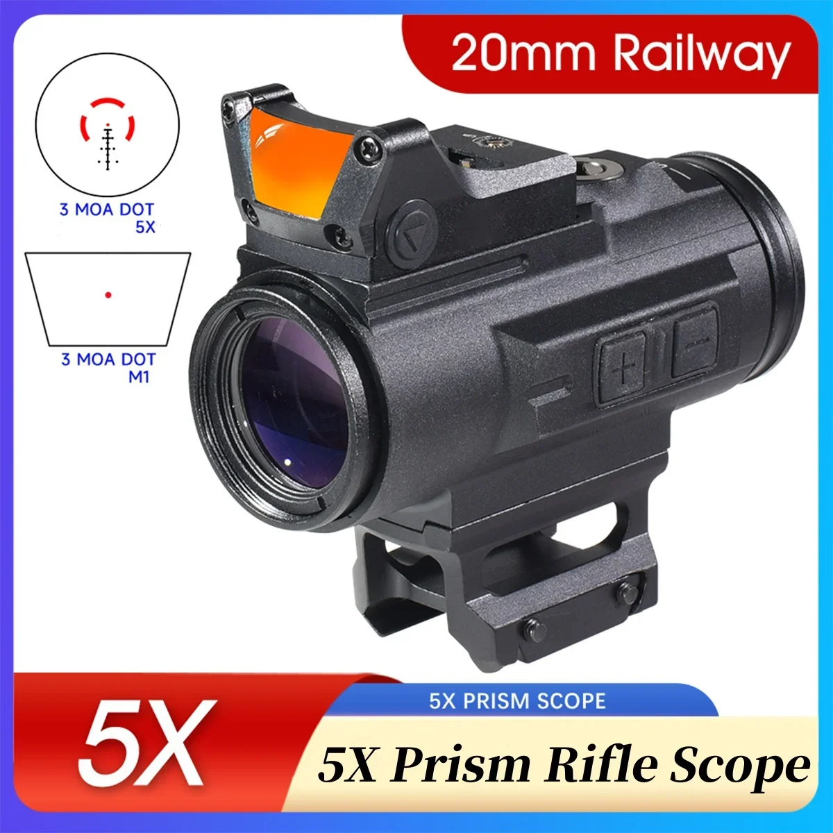 

5X Lupa GEN II i M1 Red Dot Combo HD Prism Rifle Scope 3 MOA Reticle Tactical Hunting Fit 20mm Picatinny Rail Mount