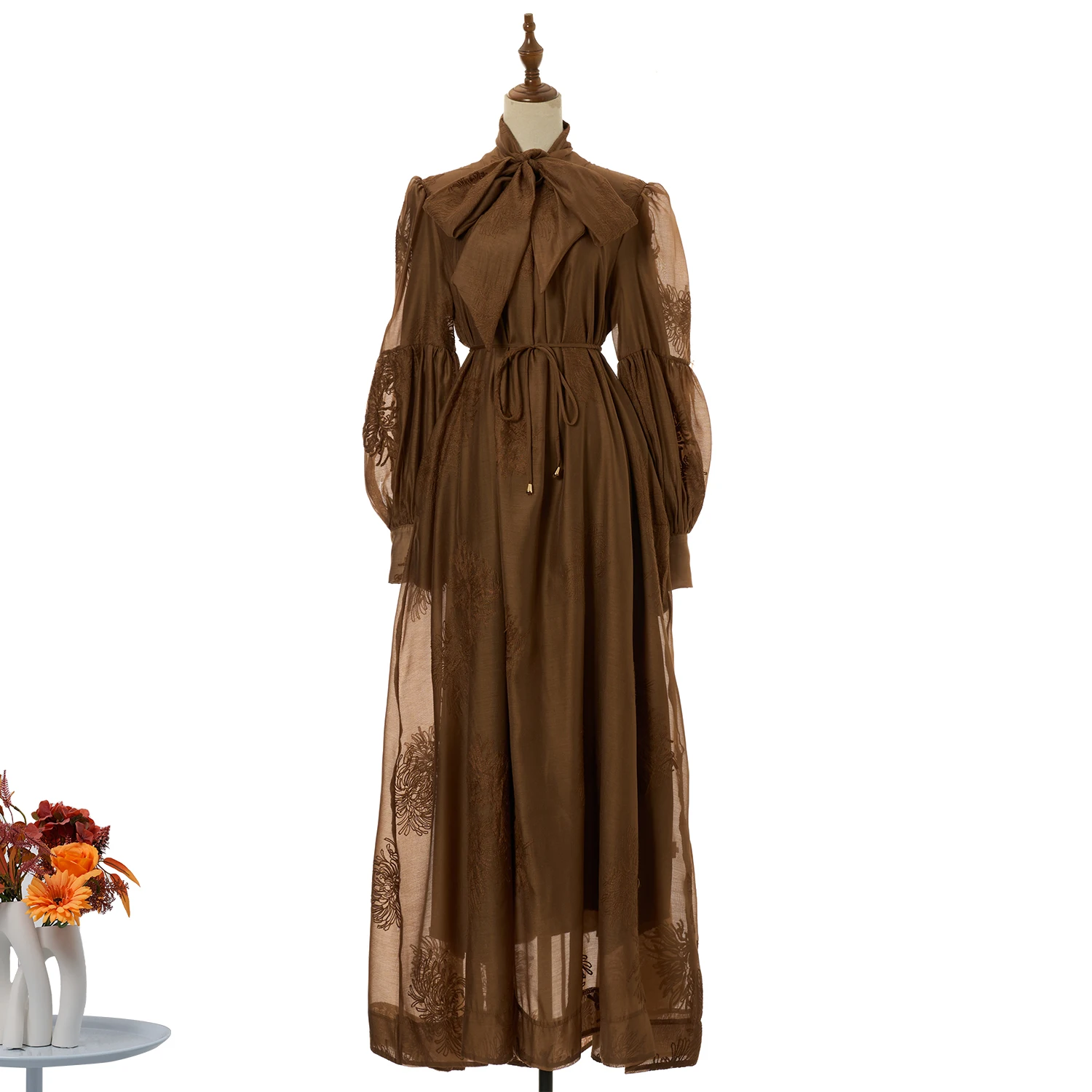 

Women Dress Summer Office Lady Elegant Lantern Sleeve Embroidery Mesh Casual Loose Belt Lace Up Long Robe Vestidos