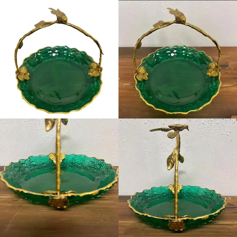 Retro Blue Glass Fruit Plate with Brass Magpie Branch Decor Creative Desktop Ornament for Home Table Centerpiece Display