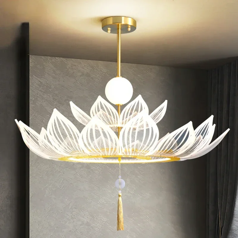 New Chinese-Style Chandelier Lamp in the Living Room Study Buddhist Hall Tea Room Chinese Style Temple Lotus Lotus Ceiling Lamp