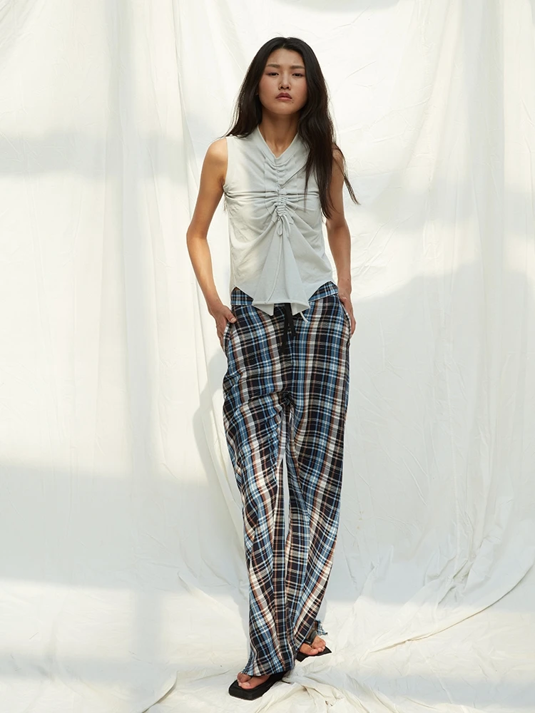 

PICAL ME SS2 Plaid Patchwork Dstring Open Split Wide Leg Pants l Waist Regular Thin Long Length Casual Pants