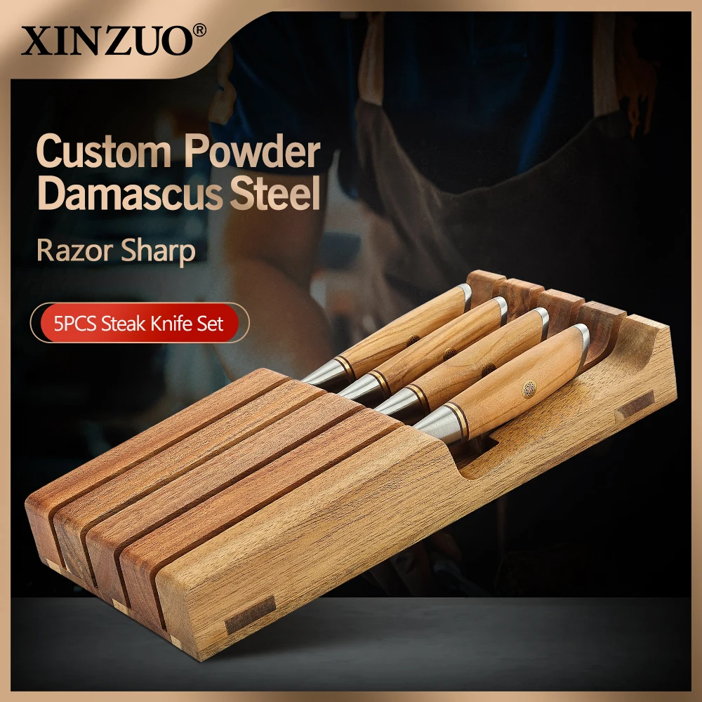 XINZUO Набор из 5 предметов из дамасской стали, 4 ножа для стейка с ручками из оливкового дерева, в сочетании с подносом для ножей из акации в стиле Dine