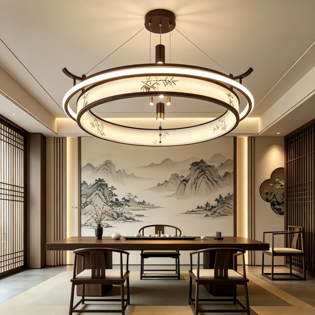 New Chinese Style Bamboo Pattern Pendant Light Iron & Acrylic Circular Hanging Lamp For Dining Room Tea Room Home Decor