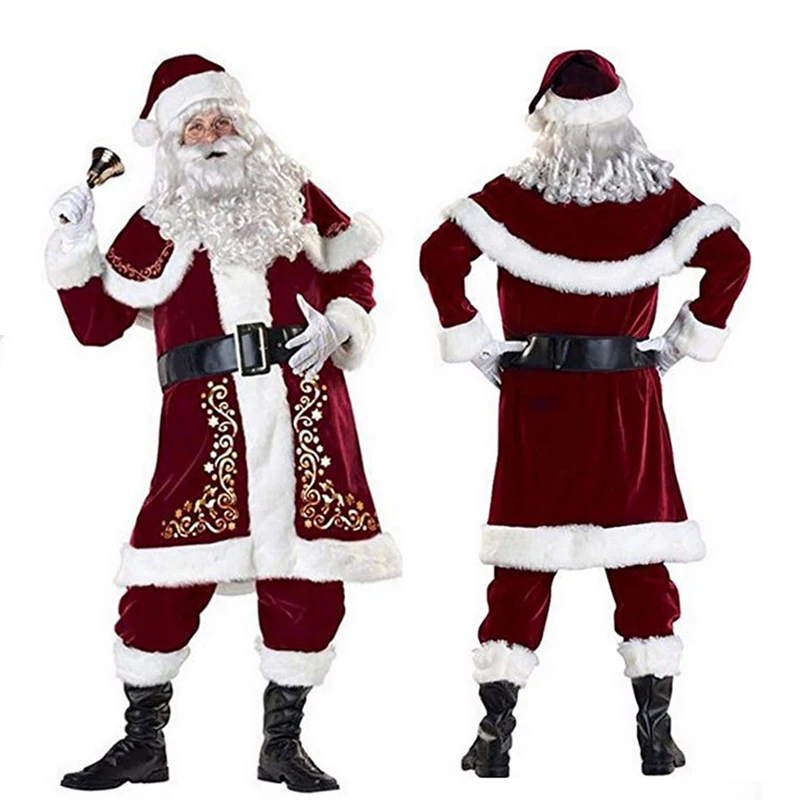 Man Santa Claus Suit Adult Christmas Cosplay Costume Red Deluxe Velvet Fancy 8pcs Set Xmas Party Family Costume Outfits