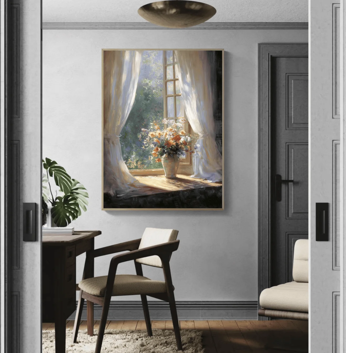 Window Floral Bouquet Canvas Prints Posters Decor, Soft Light Garden Oil Painting Wall Art for Living Room Bedroom Kitchen Cafe