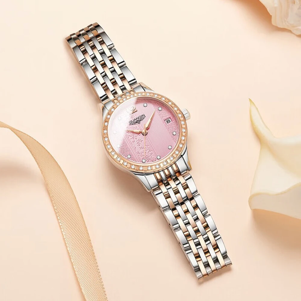 GUANQIN Waterproof Watch With Rhinestones Calendar Dial Stainless Steel Strap Fashion Simple Women Automatic Mechanical Watches