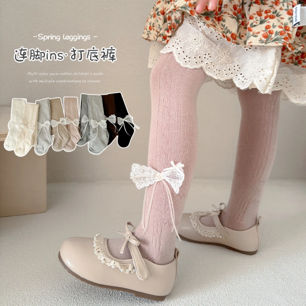 Cute Girls Solid Color Breathable Tights With Long Streamer Ribbon Lace Bow Decor Soft Elastic Pantyhose For Daily Wear Outfits