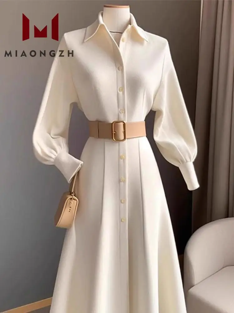 White Luxury Formal Dresses Women\'s Turn Down Collar Long Sleeve Single Breasted Slimming 2024 Summer New Party Shirt Dress Chic