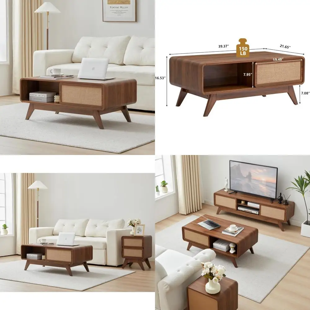 

Современный журнальный столик середины века с местом для хранения вещей, деревянный стол с изогнутыми краями и раздвижной льняной дверью, стиль фермерского дома