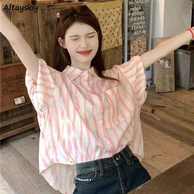

Striped Shirts Women Girlish Age-reducing Gentle Summer New Popular Casual Harajuku Korean Style Sweet Minority Loose All-match