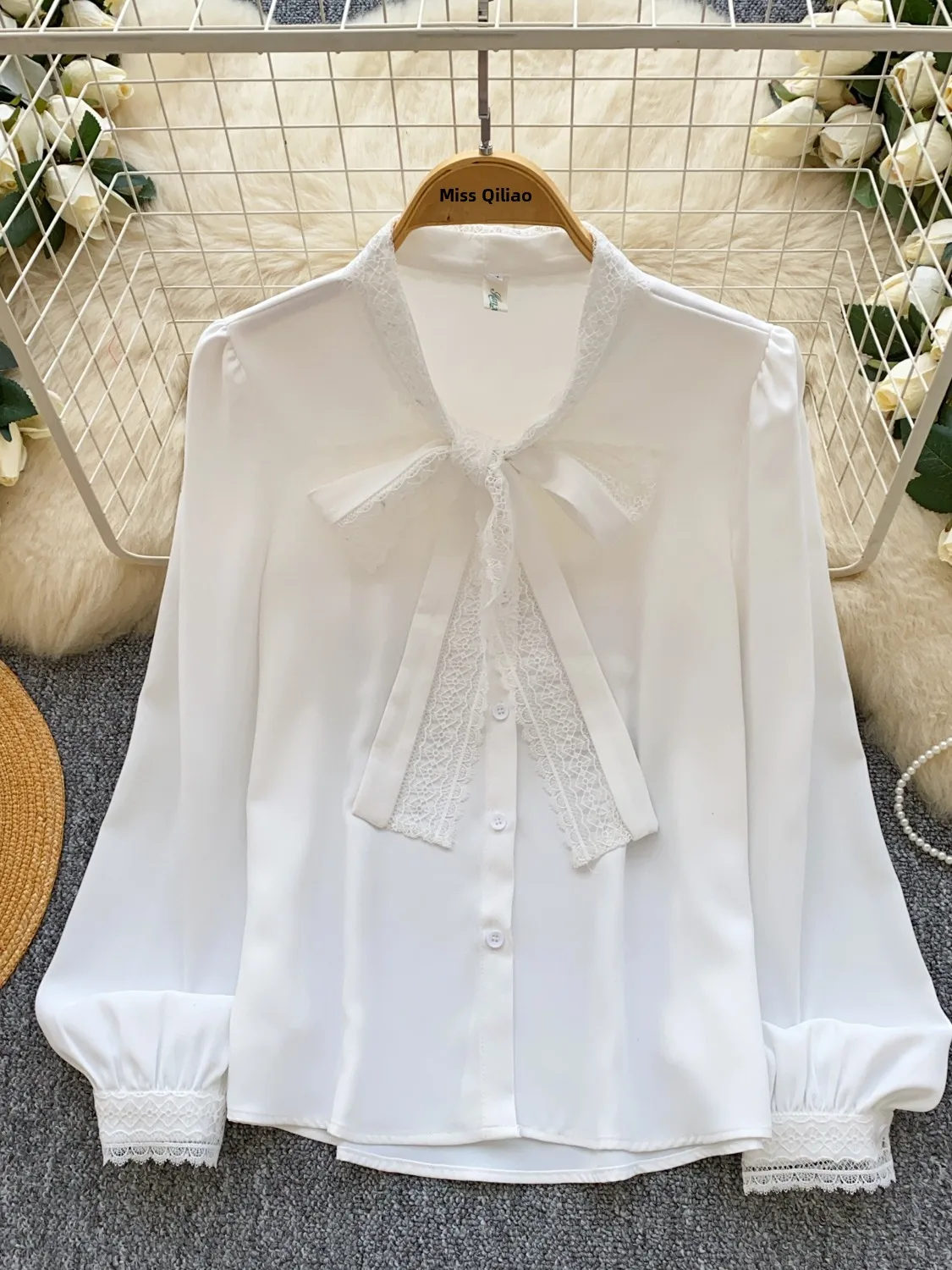 

Женская свободная блузка с кружевом и узлом, облегающая, белая, в стиле «нежный ветер», для повседневной носки и офиса, шикарная