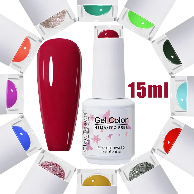 Clou Beaute 15ml hema tpo free Nail Gel Polish Vernis Semi Permanent UV Nail Glitter Varnish Base Top Coat Nails Polish Manicura