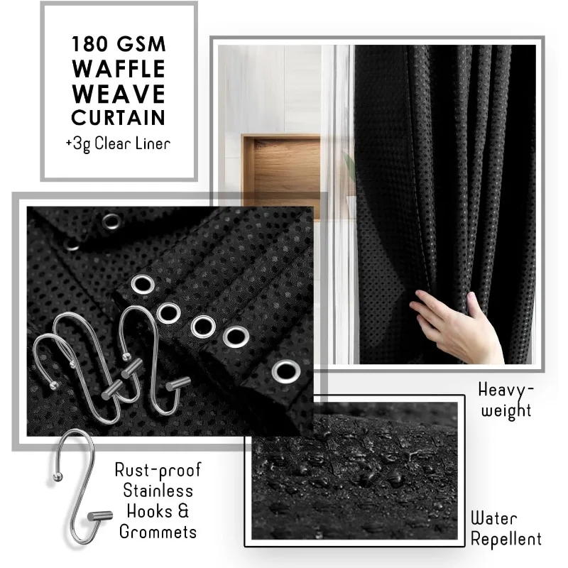 Bathroom Accessories Set - 22PC Bathroom Set, Bathroom Sets with Shower Curtain and Rugs, Black Shower Curtain Set w