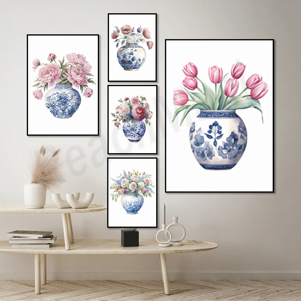 Watercolor peonies, dahlias, tulips, roses, blue and white delft flowers in chinoiserie vase, farmhouse cottage decor poster