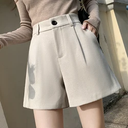 Herfst Winter Wollen Shorts Vrouwen 2024 Nieuwe Elastische Taille Wijde Pijpen Losse Casual Shorts Dames Mode Laars Shorts