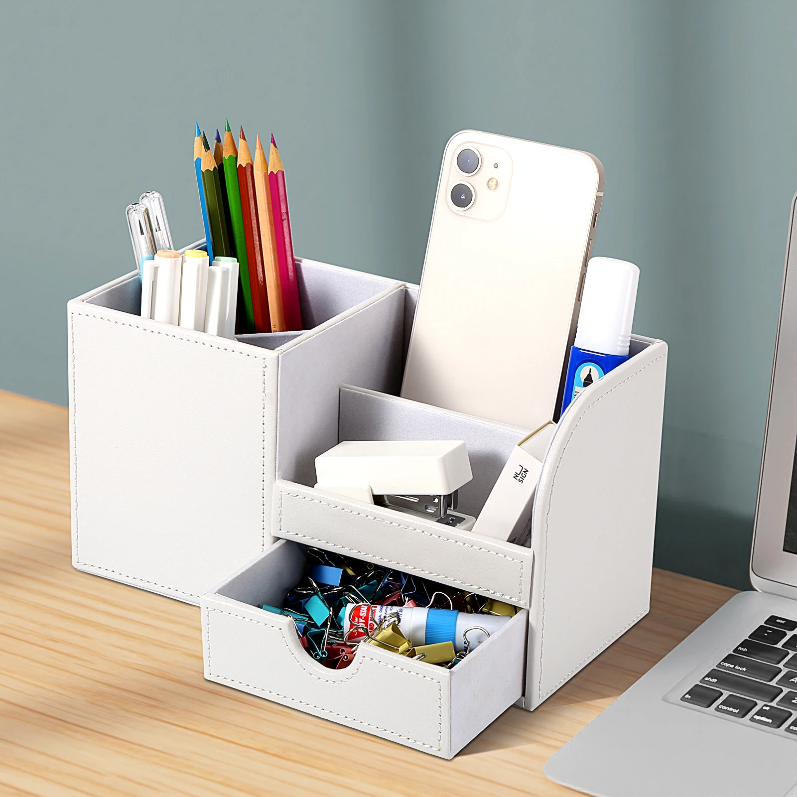 Multi-Functional Desk Organizer Stationery Holder Wooden Drawer Storage Boxes PU Leather Pen Holder Pencil Box Case Containers