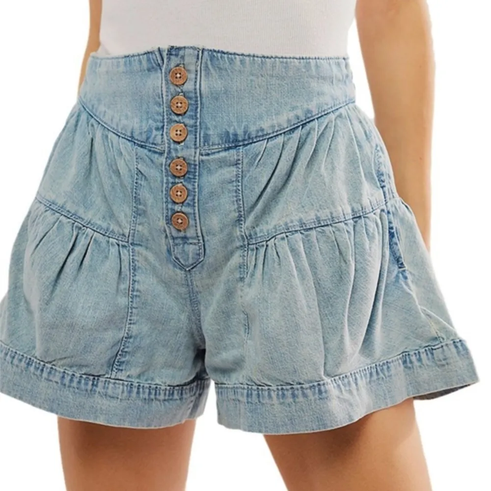 الصيف النساء الجينز أنيقة غسلها الدنيم السراويل عالية الخصر فضفاض الكشكشة التنقل بلون ألف خط زر الديكور كل مباراة