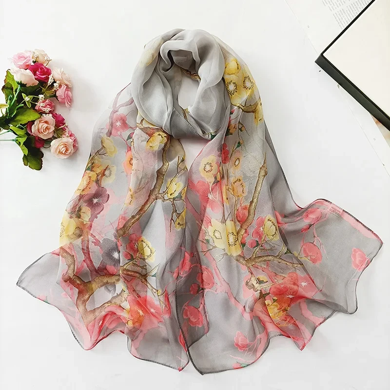 Elegant Plum Blossom Printed Hijab Bandana Georgette Shawl For Woman Fashion Beach Long Scarf Ladies Flower Sunscreen Headscarf