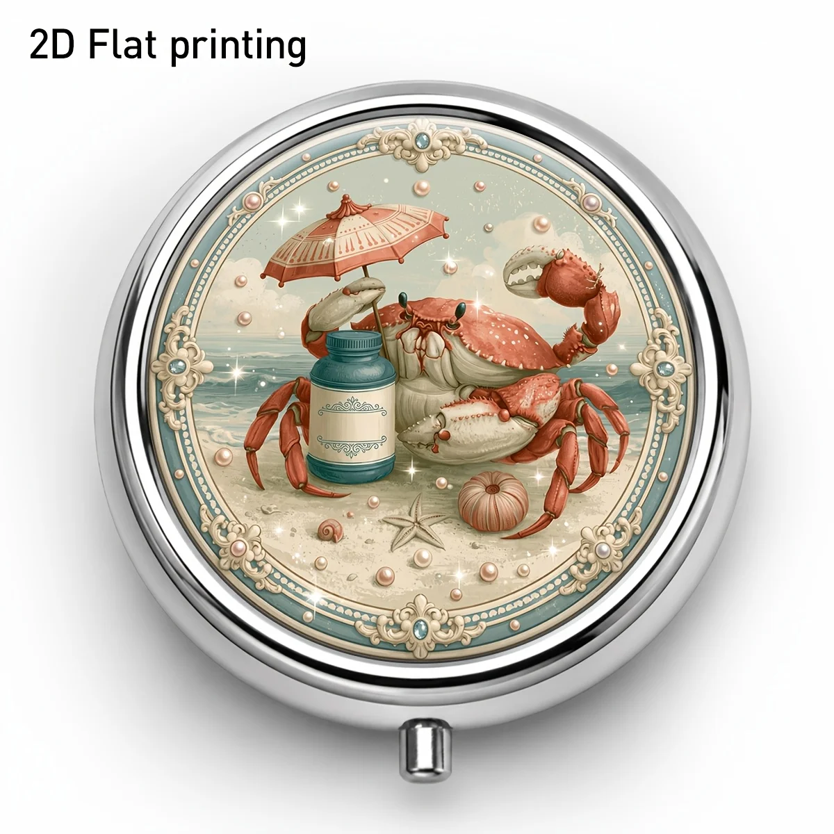 Metal Round Pill Box with Ocean Beach, Umbrella, Crab, and Conch Patterns, Summer Retro Style, Three-Compartment Portable Storage Box, Compartmentalized Design for Small Items and Medicines, Easy to Store, a Must-Have for Outdoor Use, Creative and Exquisite Gift.