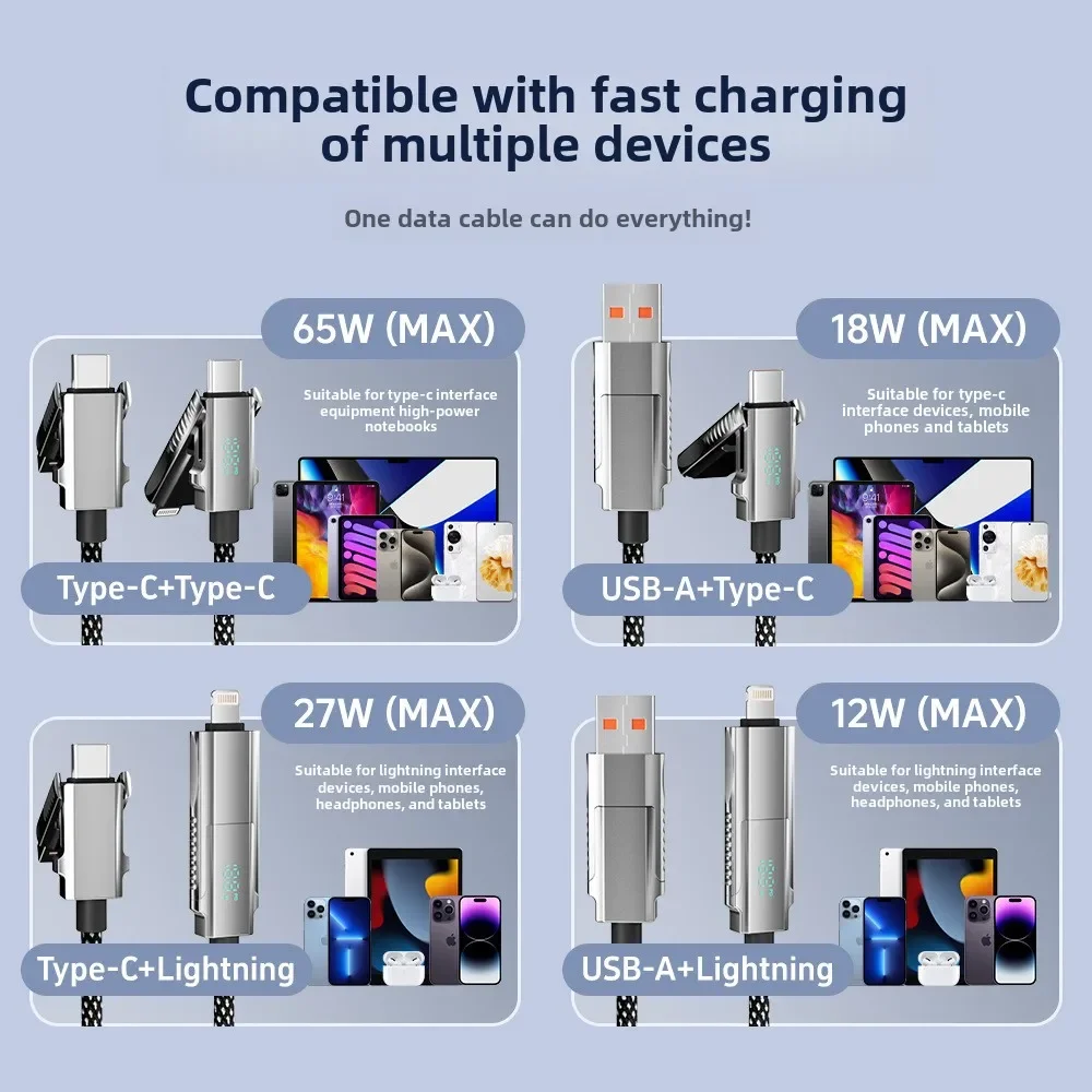 Intelligent Power Off Beimo Digital Display 4-in-1 Super Fast Charging Cable Suitable for Apple, Huawei, Mobile, Tablet, Laptop