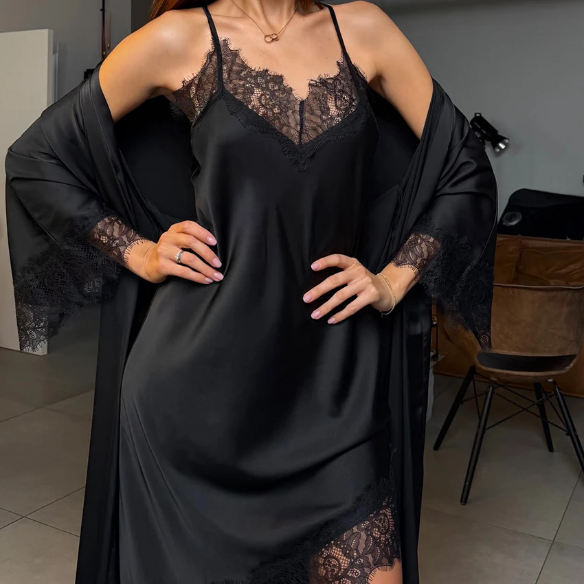 hiloc-black-elegant-lace-women-pajamas-2-piece-long-sleeved-v-neck-wrap-around-lace-long-robe-sleeveless-suspender-short-dress