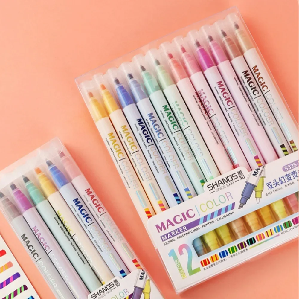 12pcs Double-ended Magic Color Changing Highlighter Pen Set Student Diary Scrapbook Painting DIY Making Classroom and Office