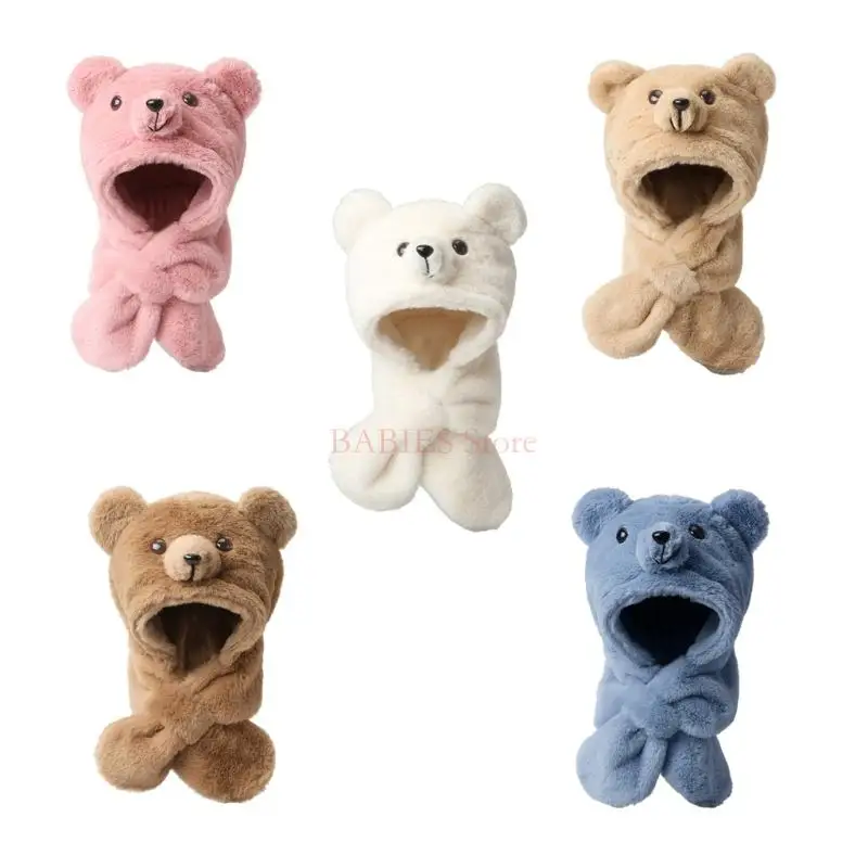 C9GB Bear Hooded Scarf for Children Soft & Warm Head Wrap Soft Plush Winter Headwear Unisex Baby Hat for Winter Outings