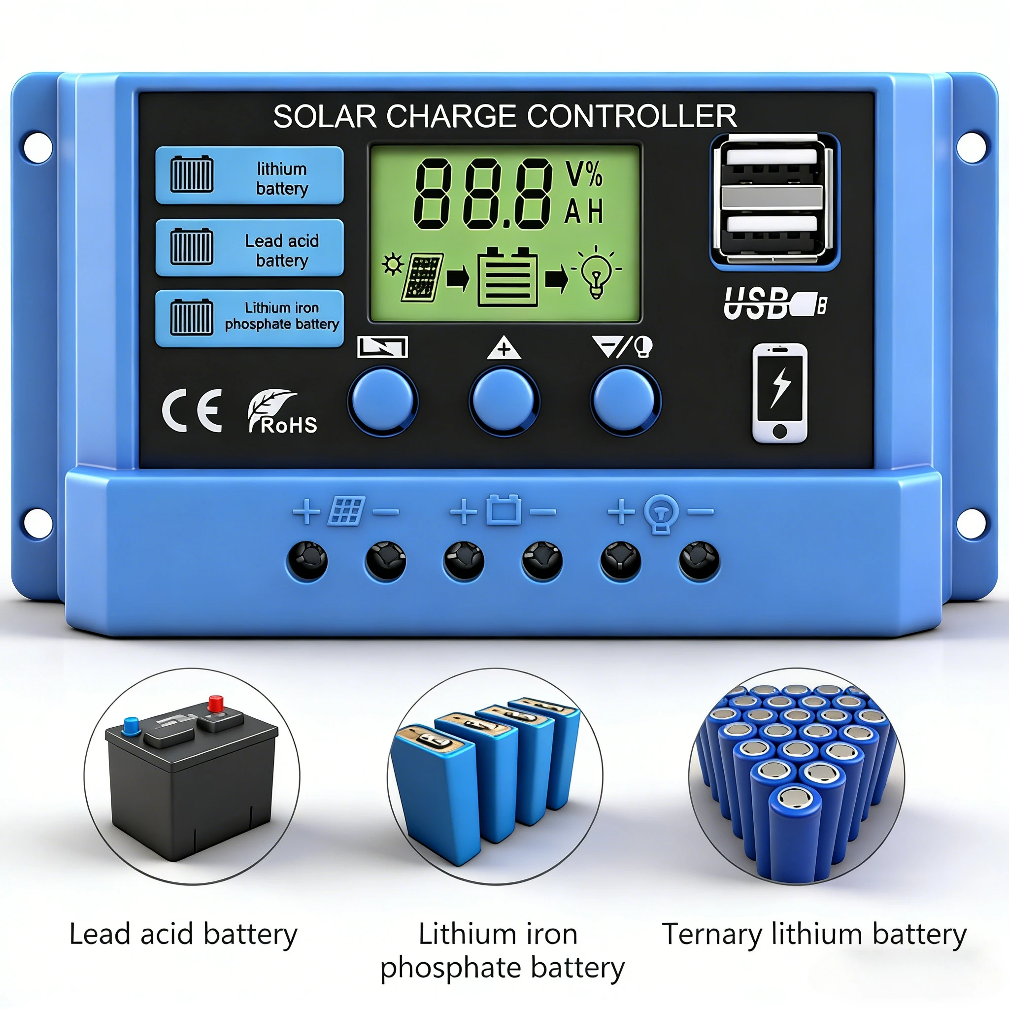 Controlador de carga solar 12V/24V 30A 20A 10A, regulador solar PWM, cargador de batería con pantalla LCD, salida USB dual de 5V, configuración de temporizador