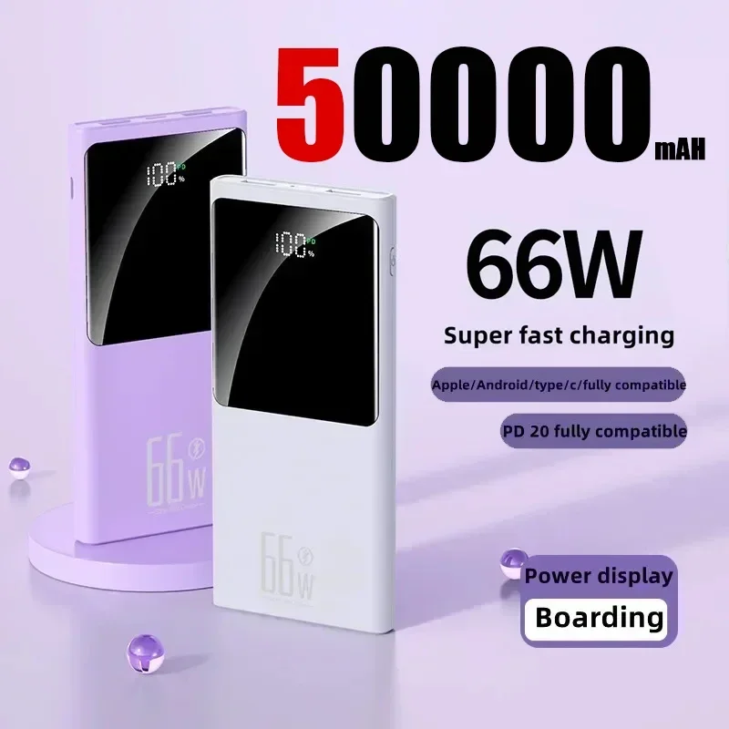 50000mAh 66W Super Fast Charging Power Bank Portable Charger External High-capacity Battery 2 USB  External Display Screen New