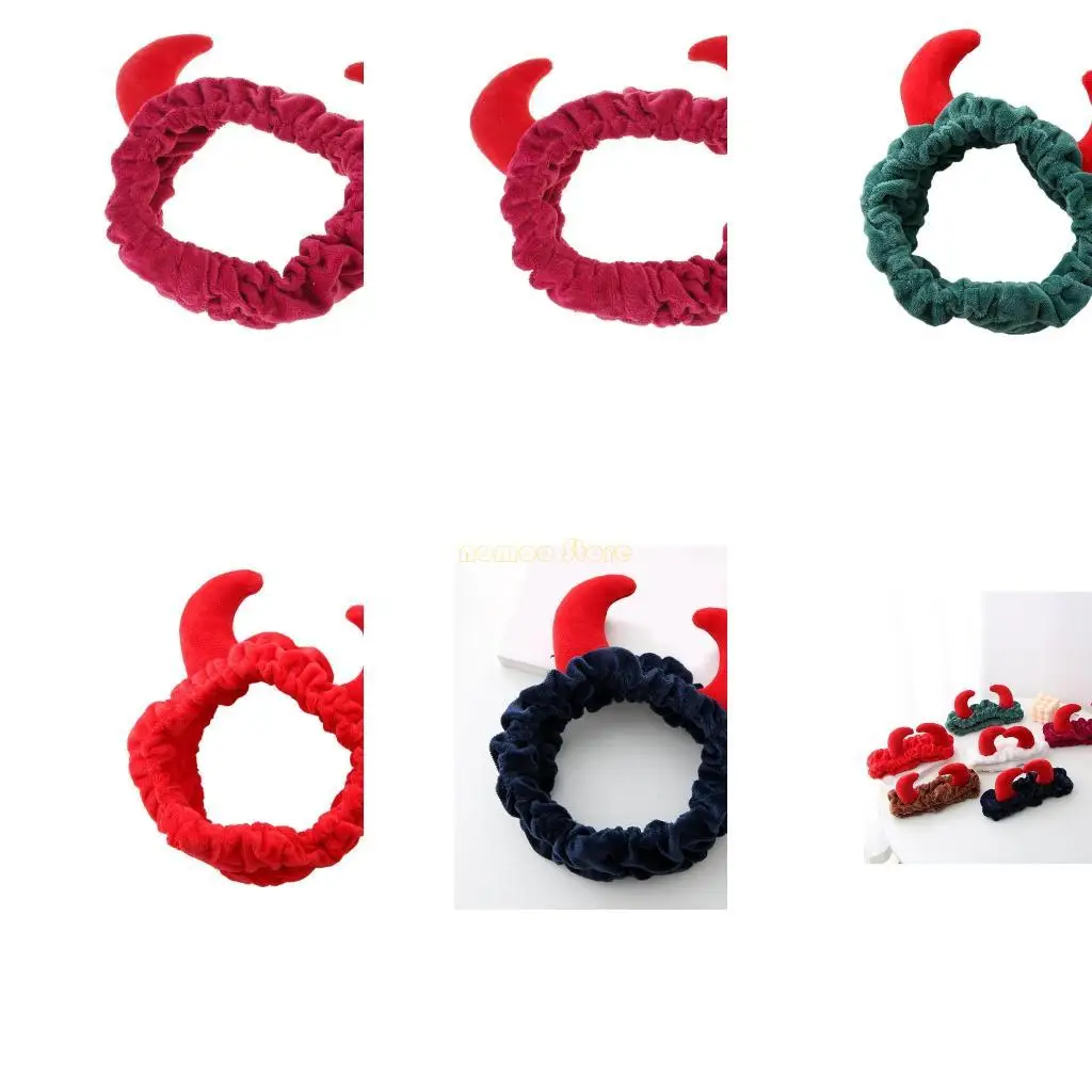

31BF Plush Red Ox Devil Horns Headband Makeup Shower Wash Face Sport Hair Band Female Girls Funny Festival New Year