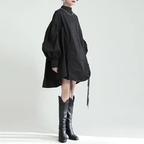 2025 Women Irregular Drawstring Big Size White Blouse New Stand Collar Long Sleeve Shirt Fashion Tide Spring Autumn