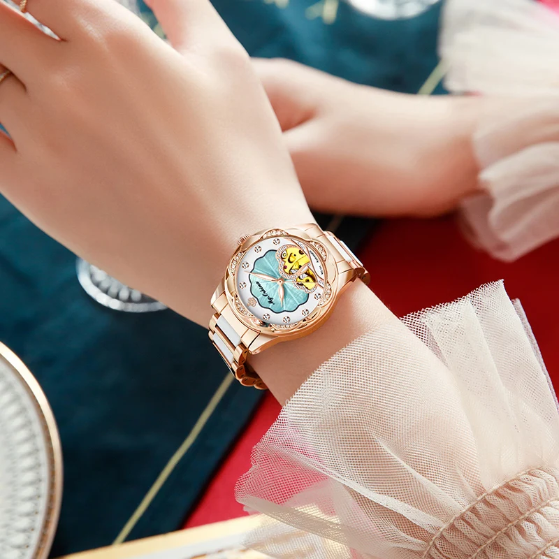 ORKINA Women's Automatic Watch Mechanical Skeleton Luxury Mother of Pearl Diamond Dial Analog Ladies Wristwatch Ceramic Bracelet