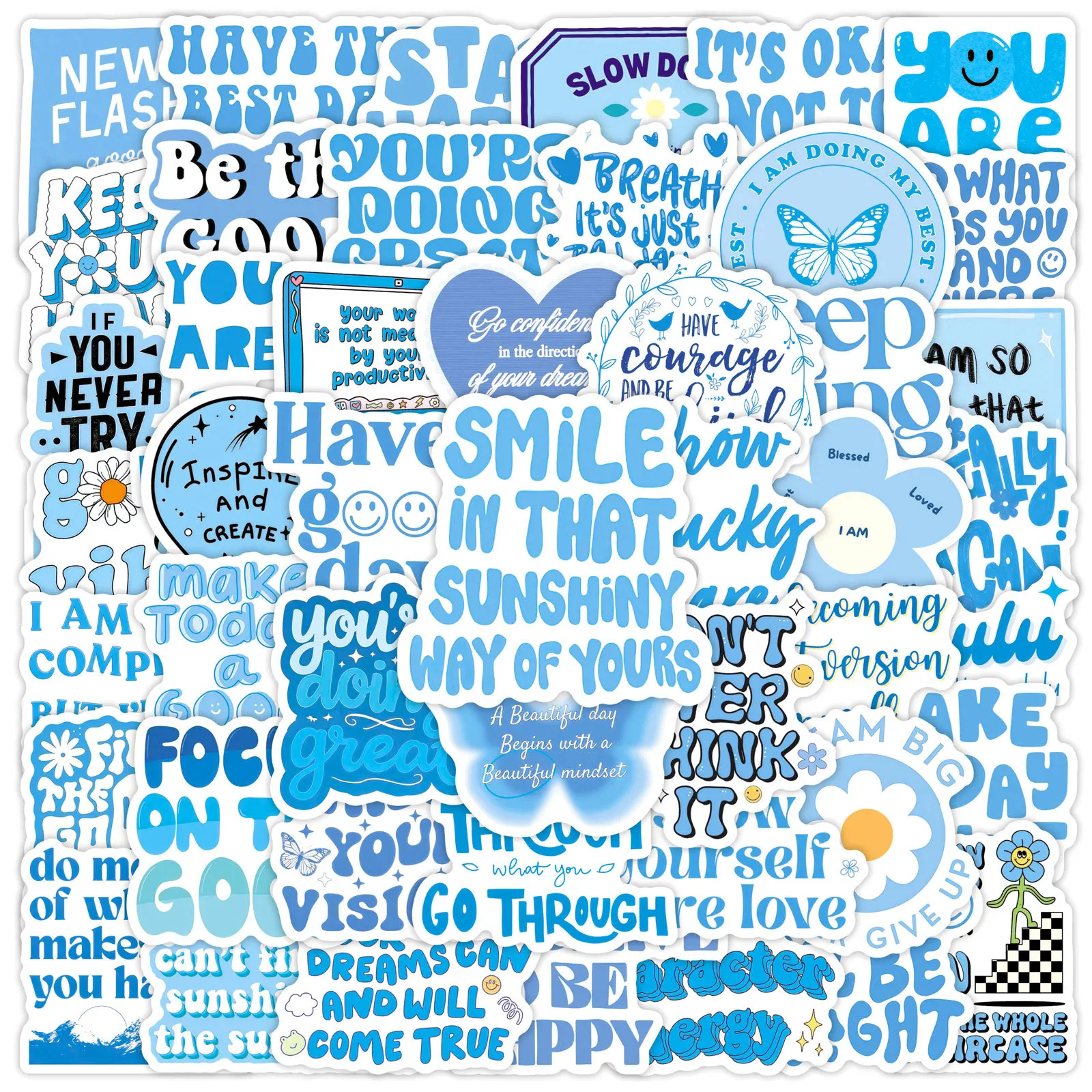 50Pcs Blue Inspirational Text Waterproof Stickers English Slogan Graffiti Decoration DIY Notebook Suitcase Water Cup Guitar Toys
