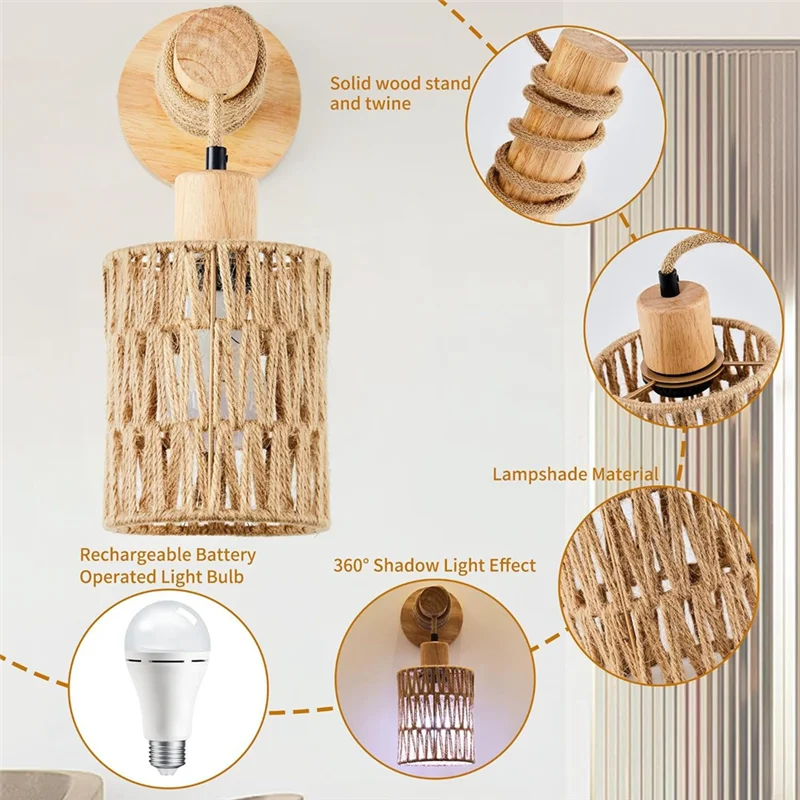 

GYTB-Rattan Rope Bedhead Wall Lamp Cylindrical Bedroom Light For Bedroom Farmhouse Countryside Decorative Lighting Lampshade