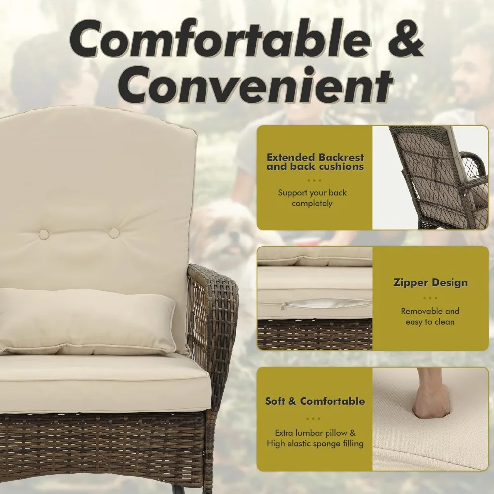 3 Piece Rocking Bistro Set Wicker Outdoor Patio Chairs Rattan Conversation Sets with Coffee Table for Patio, Porch, Backyard, Ba