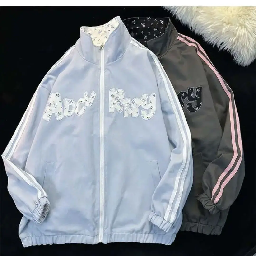 Dwustronna, urocza, edytna kurtka w kwiaty, dwukolorowa, oversize'owa kurtka bejsbolówka do stylizacji Y2K, oversize'owe kurtki z golfem, słodkie dziewczyny.