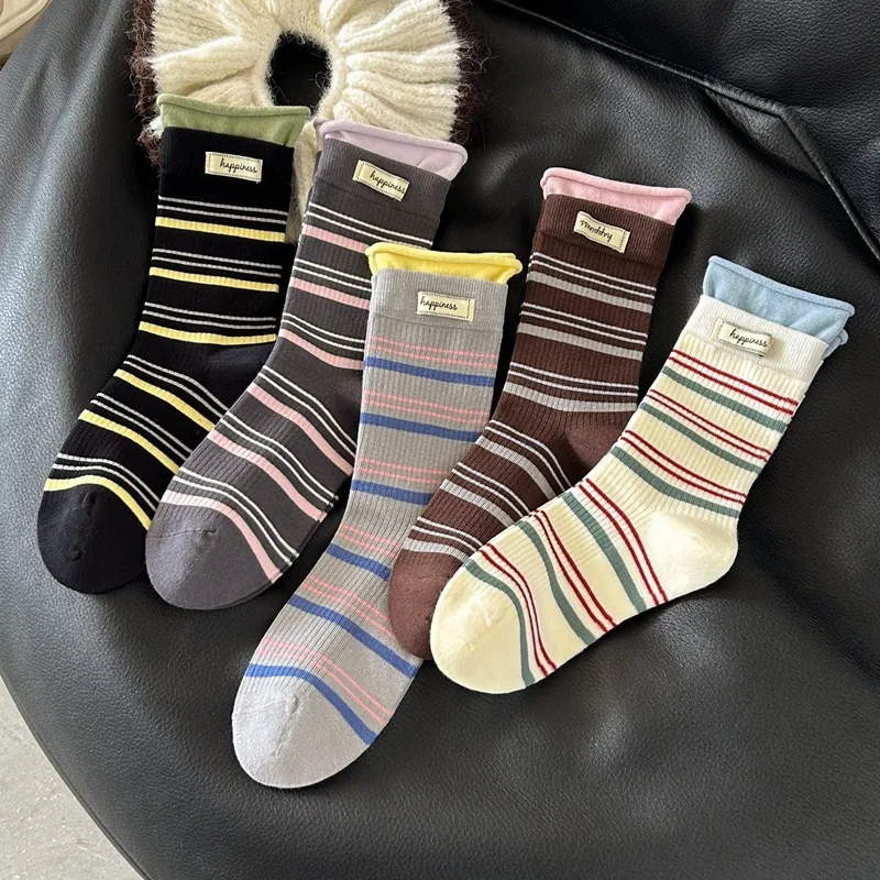 5 pairs Fashionable versatile striped contrasting mid tube socks autumn winter casual comfortable splicing fake pile socks