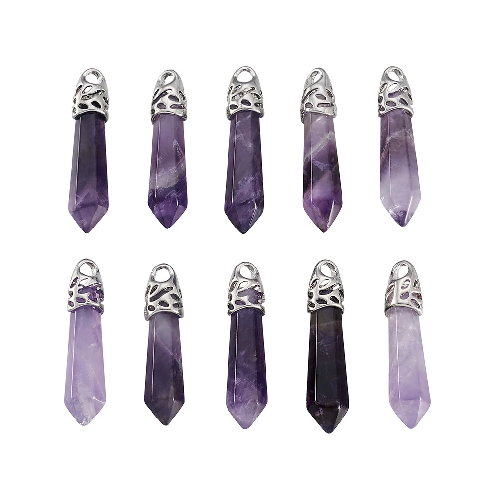 

12pcs Amethysts Bullet Shape Natural Stone Pendant for Women Men Hexagonal Healing Pointed Chakra Stone Necklace Jewelry Making