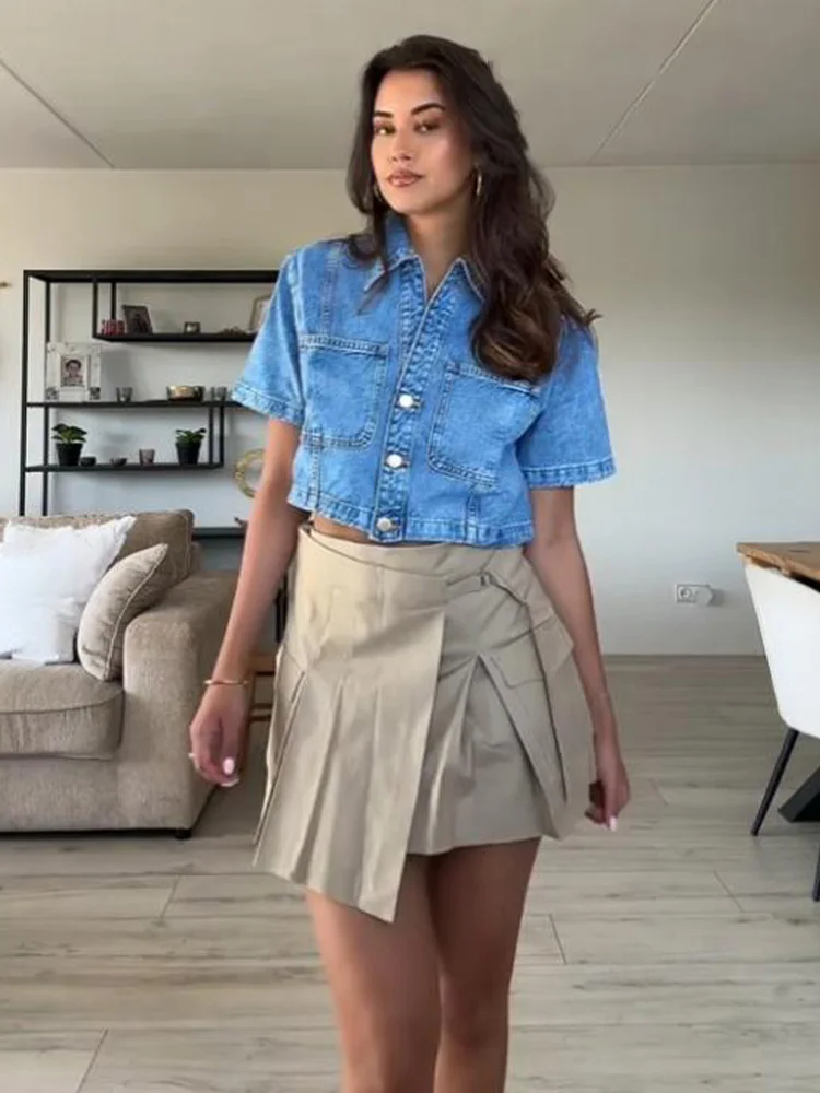 

HH Women Summer Asymmetric Pleated High Waist Working Skirts Female Elegant Zipper Pocket Decorative Short Culottes Mujer