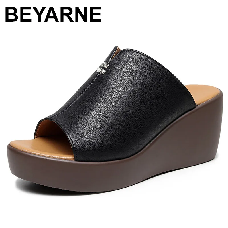 

High quality leather wedge slipper for women 6.5cm mid heel summer34 41 platform open toe fashion elegant shoe